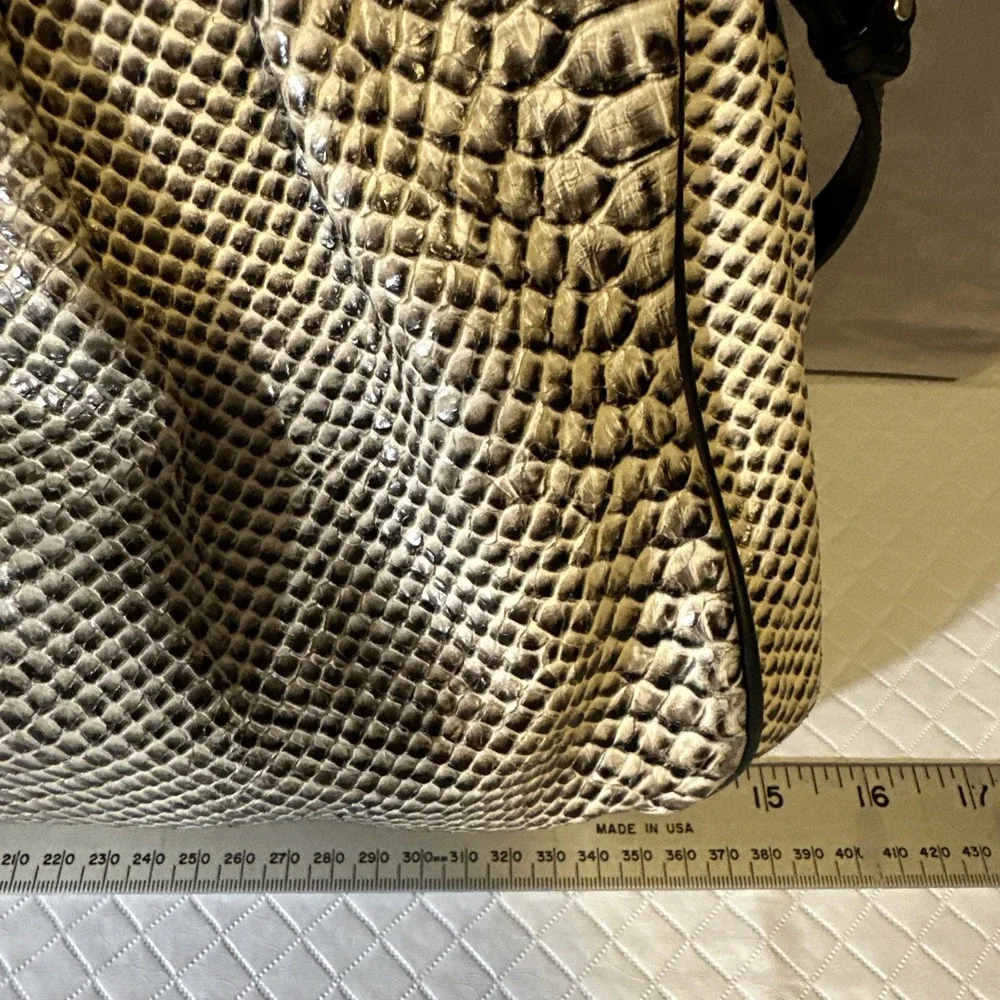 Brahmin Large Elisa Hobo Bag Black/White Snake Embossed Leather Shoulder Purse